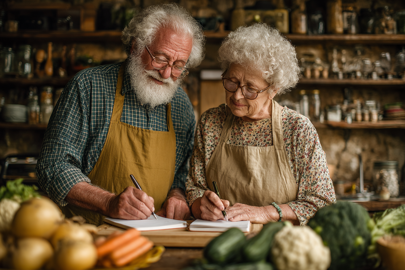 Щаслива пара старшого віку готує здорову їжу разом