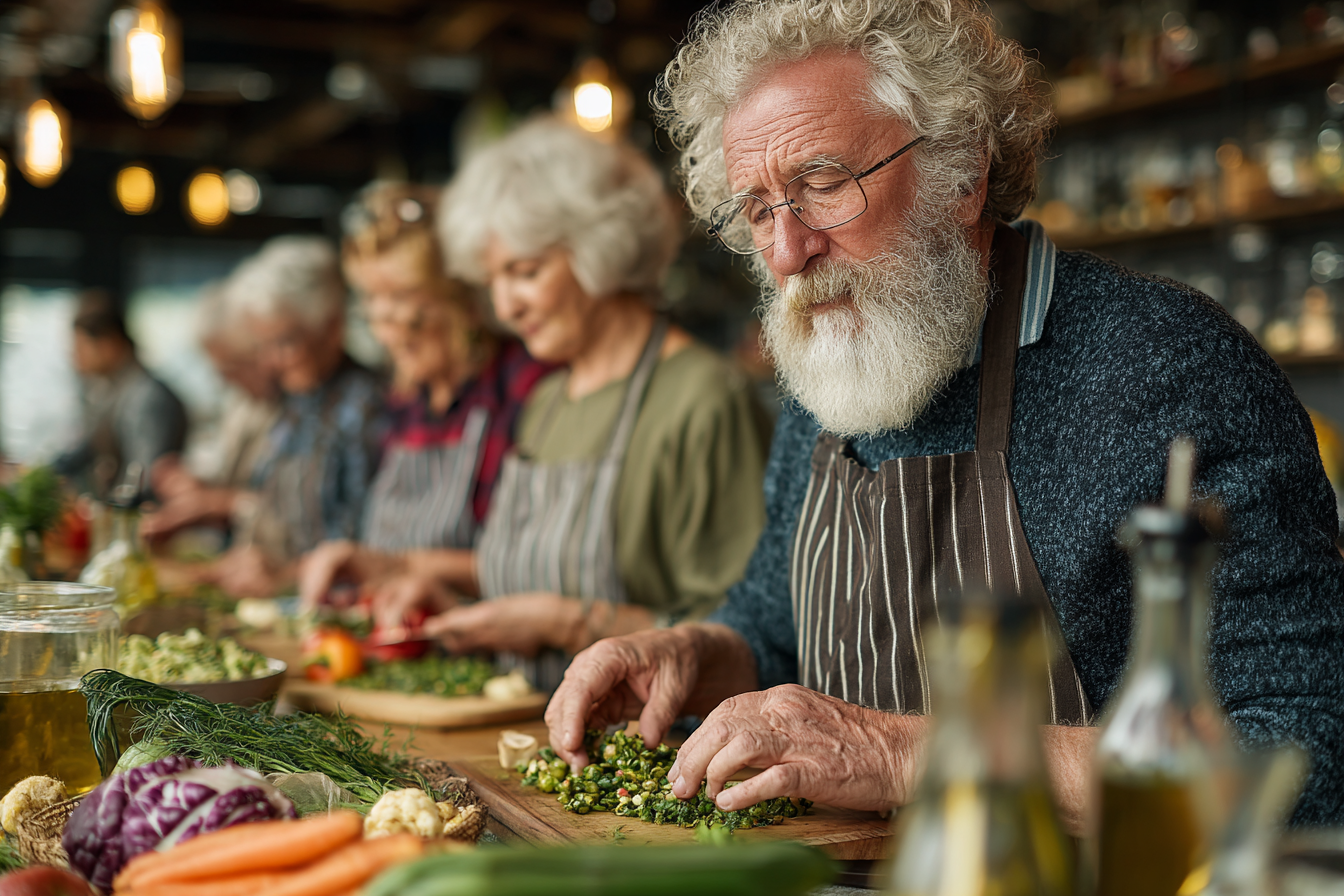 Група людей старшого віку насолоджується здоровим обідом разом